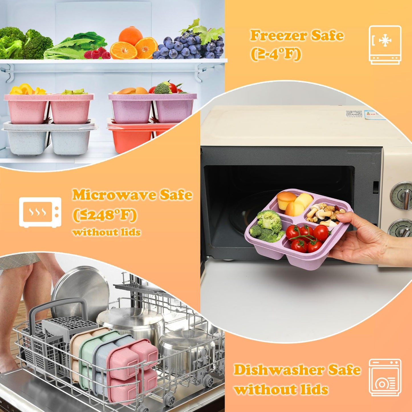 BE OVER QUALITY 6 Pack Snack Containers, 4 Compartment Snack Box Containers Bento Box, Reusable Meal Prep Lunch Containers for Adults Kids Toddler, Divided Food Containers for Travel Work School