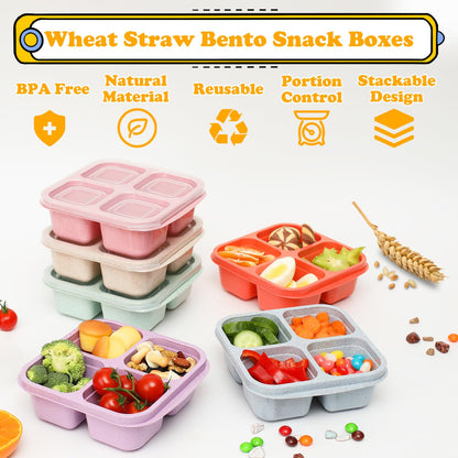 BE OVER QUALITY 6 Pack Snack Containers, 4 Compartment Snack Box Containers Bento Box, Reusable Meal Prep Lunch Containers for Adults Kids Toddler, Divided Food Containers for Travel Work School