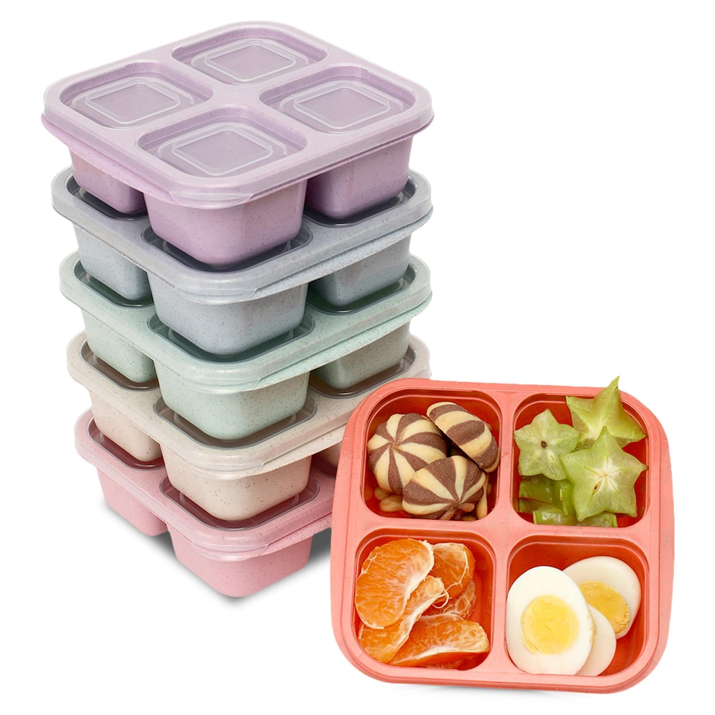BE OVER QUALITY 6 Pack Snack Containers, 4 Compartment Snack Box Containers Bento Box, Reusable Meal Prep Lunch Containers for Adults Kids Toddler, Divided Food Containers for Travel Work School
