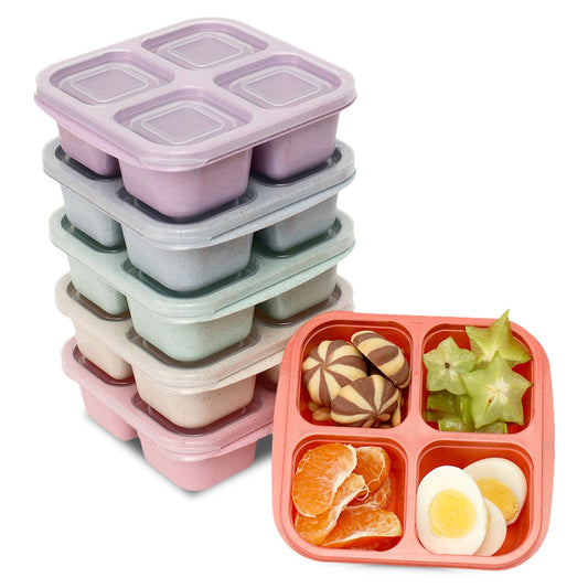 BE OVER QUALITY 6 Pack Snack Containers, 4 Compartment Snack Box Containers Bento Box, Reusable Meal Prep Lunch Containers for Adults Kids Toddler, Divided Food Containers for Travel Work School