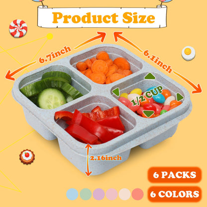 BE OVER QUALITY 6 Pack Snack Containers, 4 Compartment Snack Box Containers Bento Box, Reusable Meal Prep Lunch Containers for Adults Kids Toddler, Divided Food Containers for Travel Work School