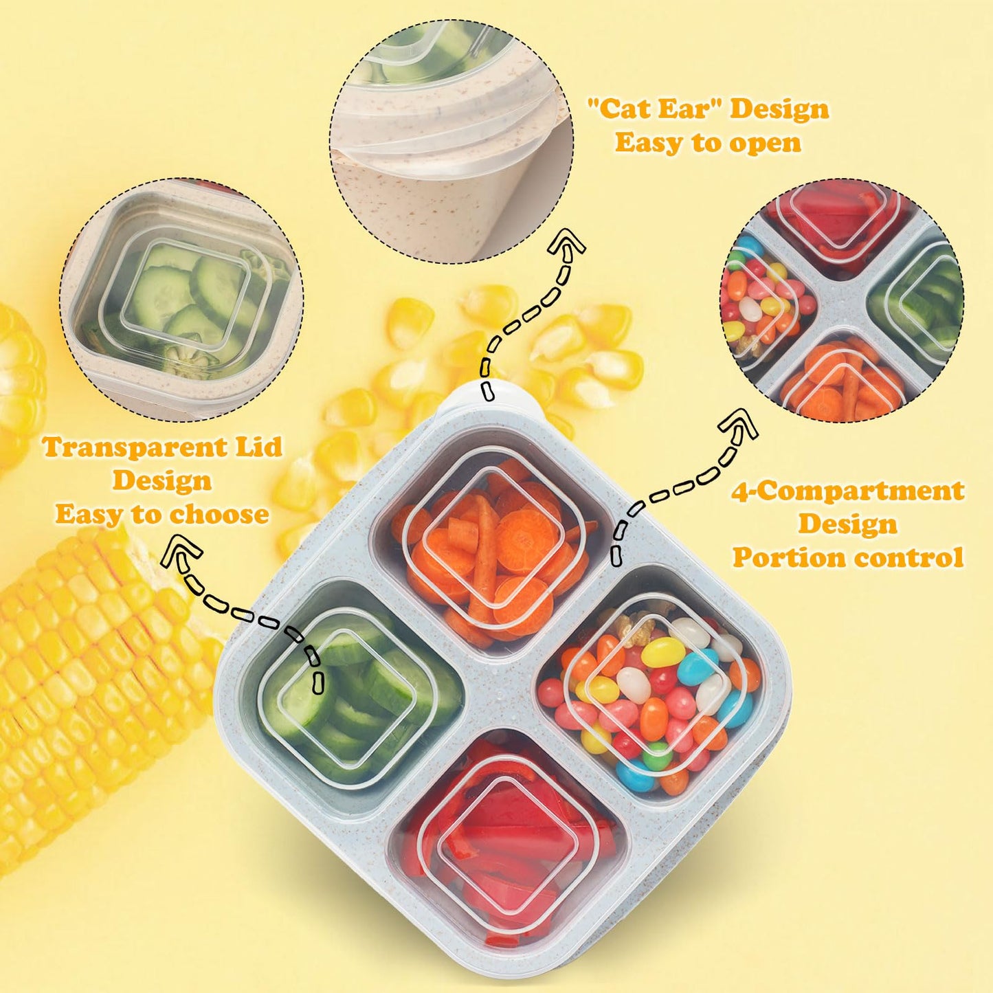BE OVER QUALITY 6 Pack Snack Containers, 4 Compartment Snack Box Containers Bento Box, Reusable Meal Prep Lunch Containers for Adults Kids Toddler, Divided Food Containers for Travel Work School