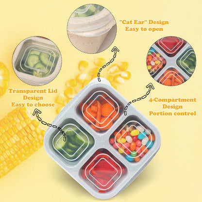 BE OVER QUALITY 6 Pack Snack Containers, 4 Compartment Snack Box Containers Bento Box, Reusable Meal Prep Lunch Containers for Adults Kids Toddler, Divided Food Containers for Travel Work School