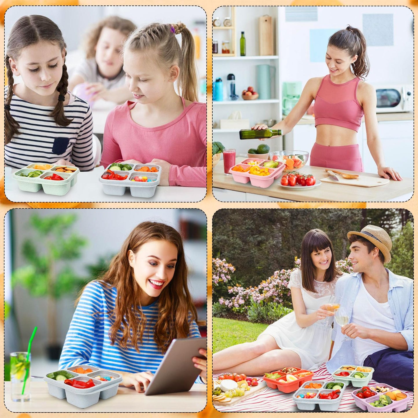 BE OVER QUALITY 6 Pack Snack Containers, 4 Compartment Snack Box Containers Bento Box, Reusable Meal Prep Lunch Containers for Adults Kids Toddler, Divided Food Containers for Travel Work School
