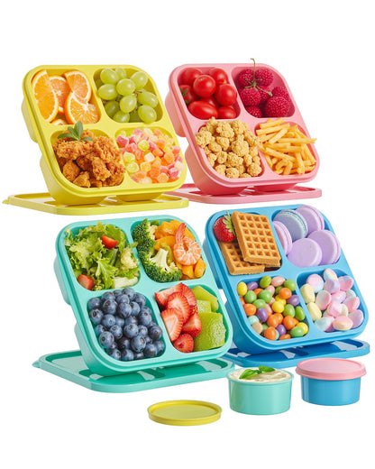 Canfanni 4 Pcs Snack Box Containers Set, Reusable 4 Compartment Lunchable Container with 2Pcs Sauce Containers, Stackable BPA-Free Bento Box for School, Work, Travel (4 Color)