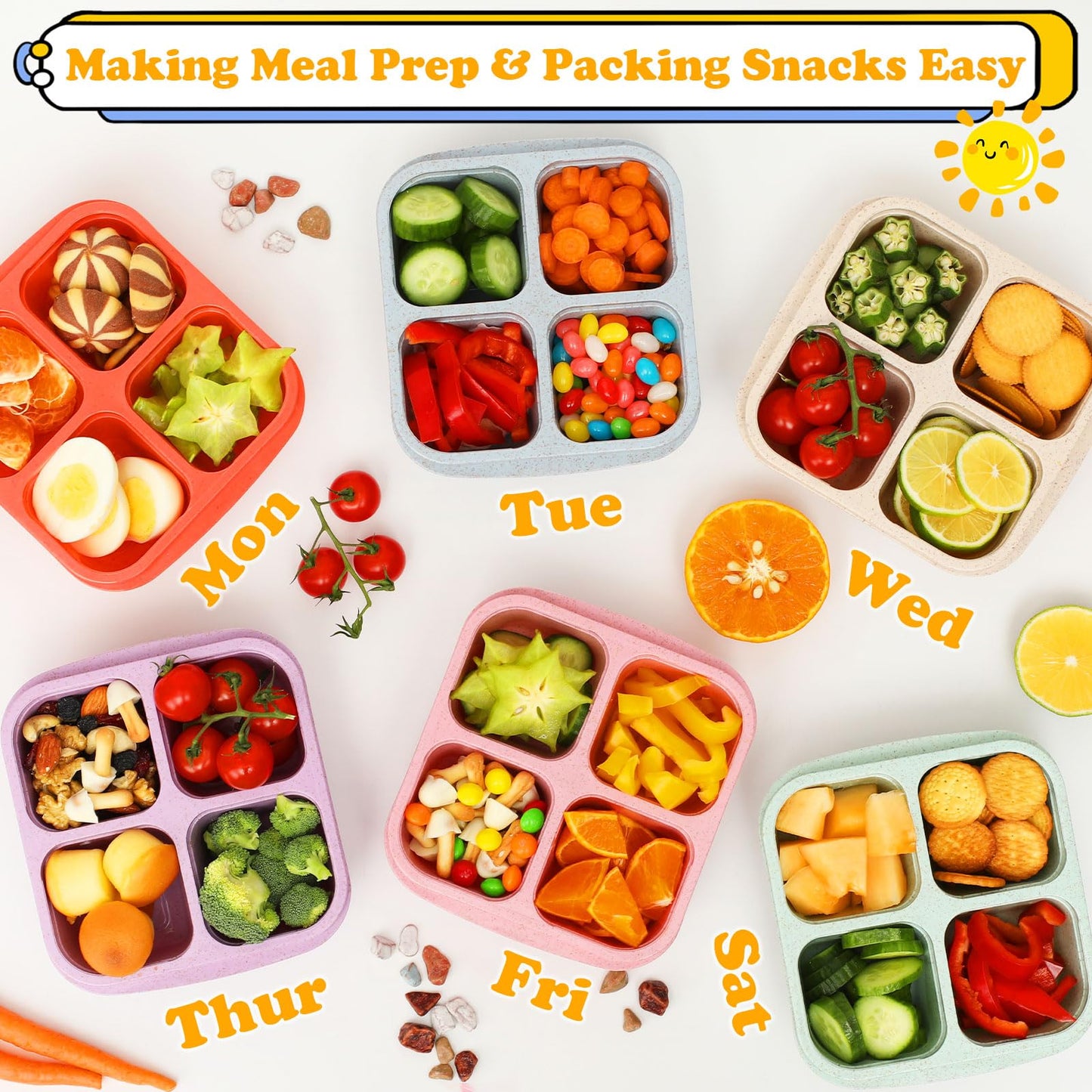 BE OVER QUALITY 6 Pack Snack Containers, 4 Compartment Snack Box Containers Bento Box, Reusable Meal Prep Lunch Containers for Adults Kids Toddler, Divided Food Containers for Travel Work School