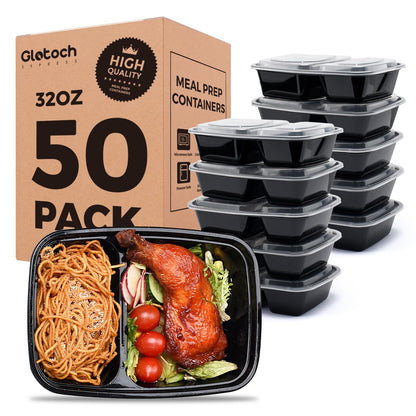 50 Pack (100-Piece) 32 oz Sturdy Leakproof 2-Compartment Meal Prep Containers with Lids, Plastic Food Storage Containers for Lunch, Microwave, Freezer, and Dishwasher Safe Takeout Containers